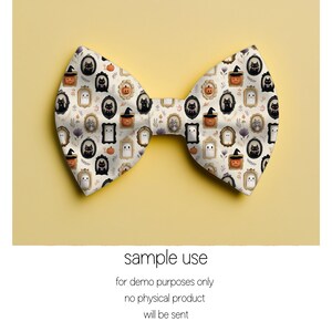 May include: A large, cream-colored bow tie with a repeating pattern of Halloween-themed illustrations. The pattern includes framed cats, pumpkins, ghosts, and witch hats. The bow tie is set against a yellow background.