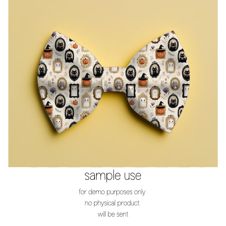 May include: A large, cream-colored bow tie with a repeating pattern of Halloween-themed illustrations. The pattern includes framed cats, pumpkins, ghosts, and witch hats. The bow tie is set against a yellow background.