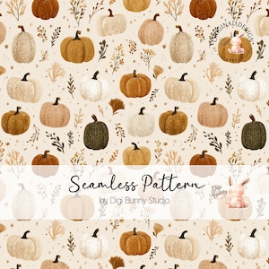 May include: A seamless pattern featuring watercolor pumpkins in various shades of brown, cream, and green, interspersed with autumnal foliage. The text "Seamless Pattern" is displayed, along with the Digi Bunny Studio logo.