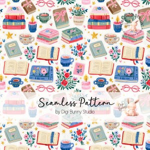 May include: A seamless pattern featuring stacks of books, open books, teacups, candles, flowers, and glasses. The books are in various colors, some with floral designs and ribbons. The text "Seamless Pattern" is displayed in the center.