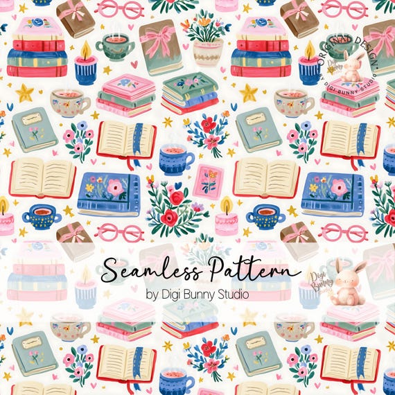 Preppy Bookish Seamless Pattern Cozy Reading Day Pattern PNG (Digital Download)