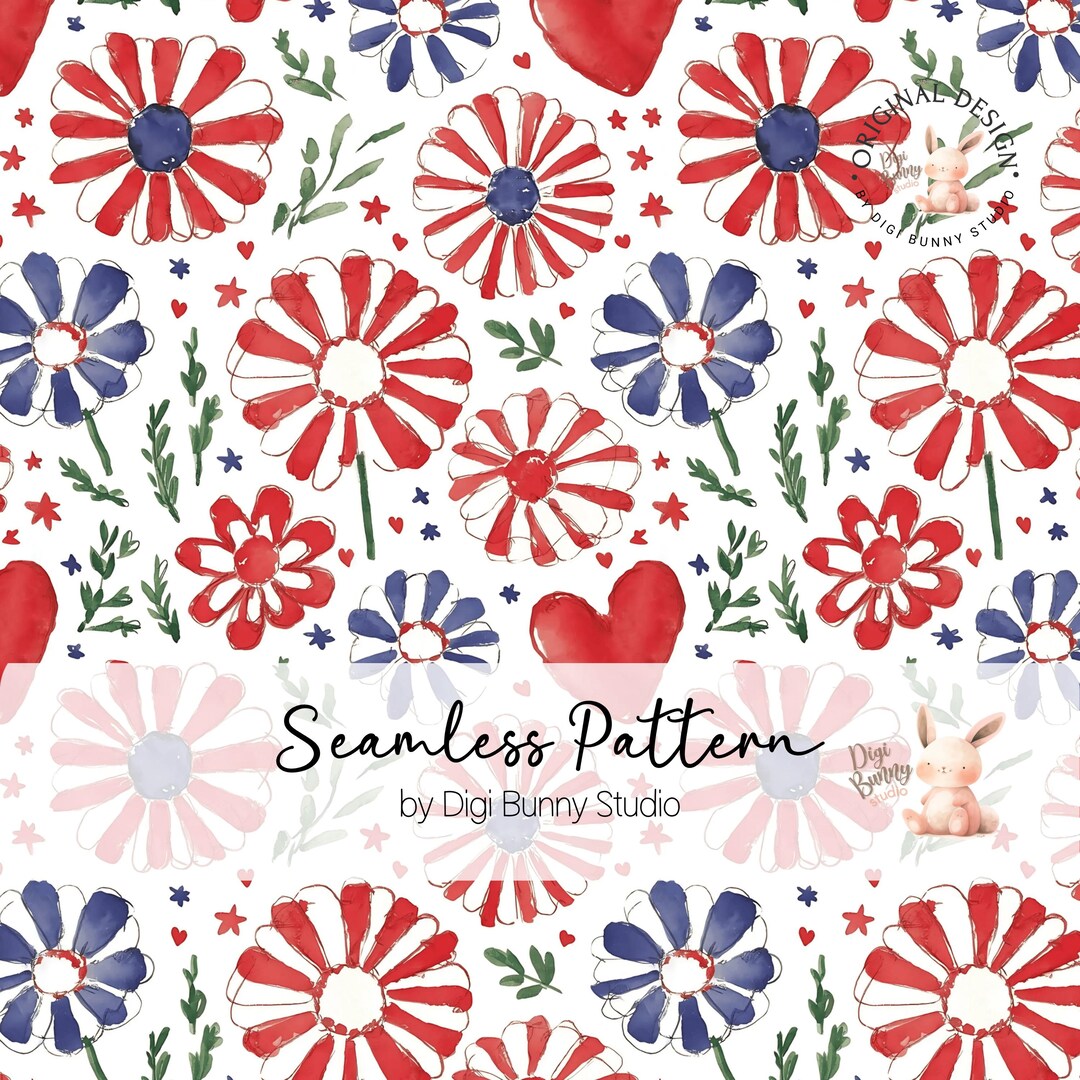 Red White Blue Flowers 4th of July Seamless Pattern USA Fourth of July ...