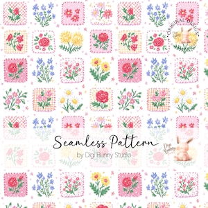 May include: A repeating seamless pattern with floral squares in pink, red, yellow, and blue. Each square contains a different flower arrangement, set against a white backdrop. The words "Seamless Pattern" are written in the centre.