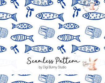Puede incluir: Patrón sin costuras con ilustraciones de peces azules, lazos y latas de sardinas sobre fondo blanco. Los peces están decorados con diseños florales y geométricos. El texto "Seamless Pattern" se muestra en una fuente cursiva.