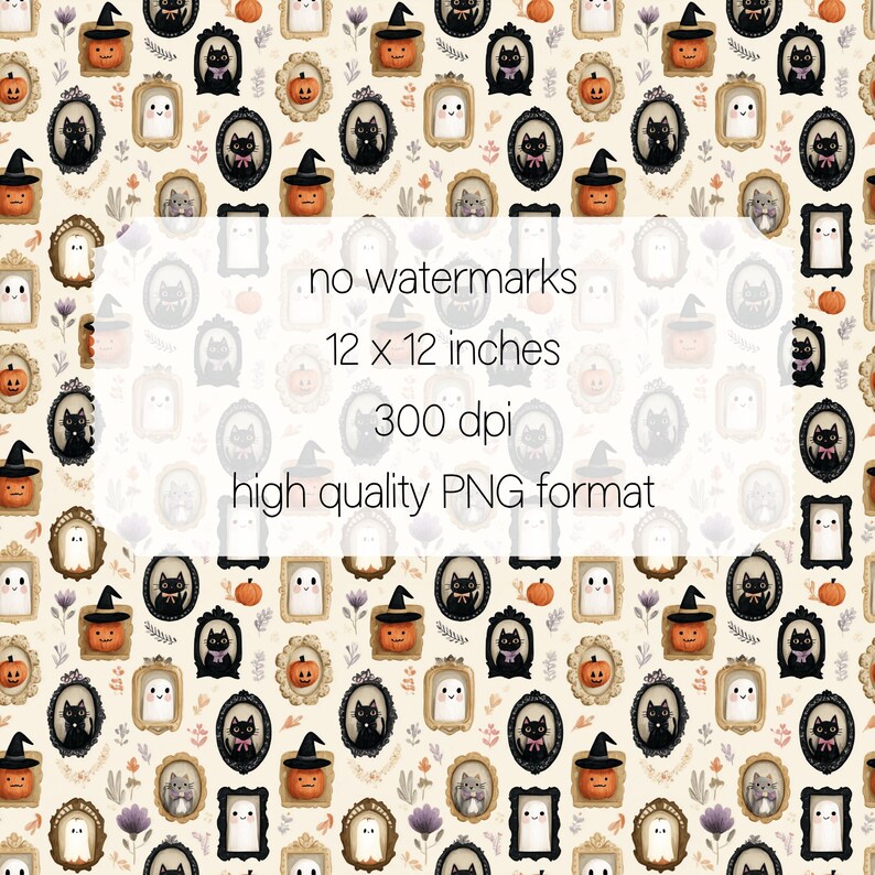 May include: A repeating pattern featuring Halloween-themed illustrations. The design includes framed images of black cats, pumpkins with witch hats, ghosts, and floral accents. The text in the center reads "no watermarks, 12 x 12 inches, 300 dpi, high quality PNG format."