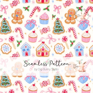 Könnte beinhalten: Ein nahtloses Muster mit weihnachtlichen Illustrationen wie Lebkuchenmännern, Zuckerstangen, Cupcakes, Geschenken, verzierten Keksen und Stechpalmenzweigen auf weißem Grund. Der Text lautet Seamless Pattern by Digi Bunny Studio.