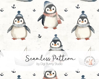 Nautical Penguin Seamless Pattern, Baby Fabric (PNG Digital Paper)