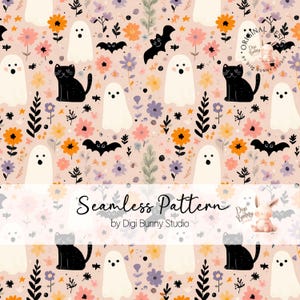 Puede incluir: Patrón sin costuras con fantasmas, gatos negros, murciélagos y flores en blanco, negro, naranja y morado. El texto "Seamless Pattern" se muestra. Diseño de Digi Bunny Studio.
