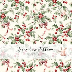 Könnte beinhalten: Nahtloses Muster mit Stechpalmenblättern, roten Beeren und roten Schleifen auf cremefarbenem Hintergrund. Das Design enthält den Text "Seamless Pattern" und das Digi Bunny Studio Logo.