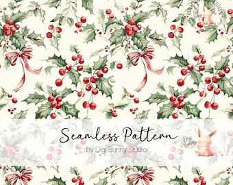 Chinoiserie Christmas Seamless Pattern with Holly & Bows | Vintage Holiday Digital Paper PNG