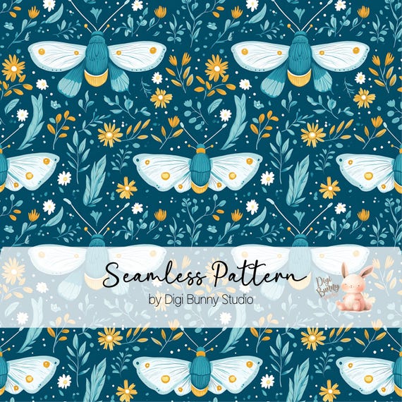 Moth Seamless Pattern: Green Boho Cottagecore Fabric (PNG Digital Download)