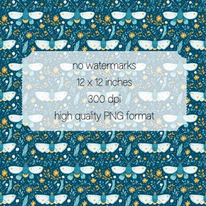 May include: A seamless pattern featuring teal blue background with white and yellow butterflies and floral elements. The text "no watermarks", "12 x 12 inches", "300 dpi", and "high quality PNG format" is displayed in a white rectangle.
