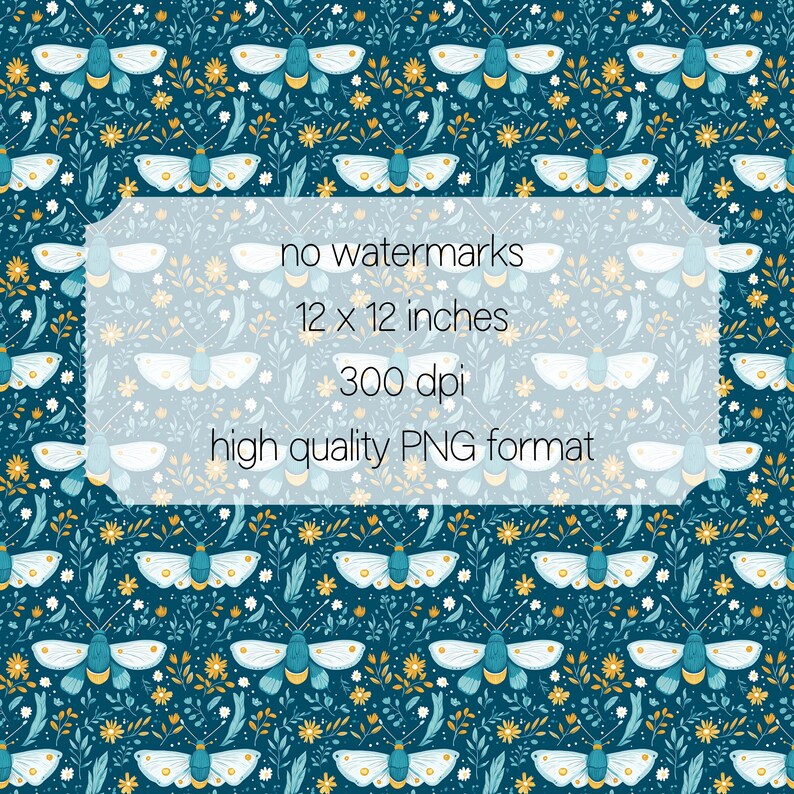 May include: A seamless pattern featuring teal blue background with white and yellow butterflies and floral elements. The text "no watermarks", "12 x 12 inches", "300 dpi", and "high quality PNG format" is displayed in a white rectangle.