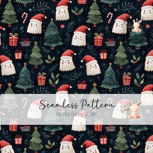 以下が含まれることがあります： サンタ帽をかぶった笑顔のゴーストキャラクター、クリスマスツリー、包まれたプレゼント、キャンディケーンが、濃い青色の背景に描かれたシームレスなクリスマス柄。中央には「Seamless Pattern」の文字が表示されています。