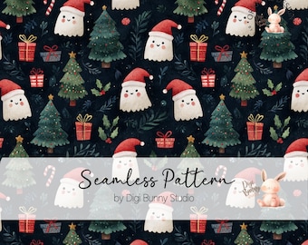 May include: Seamless Christmas pattern featuring smiling ghost characters wearing Santa hats, Christmas trees, wrapped gifts, and candy canes on a dark blue background. The text "Seamless Pattern" is displayed in the center.