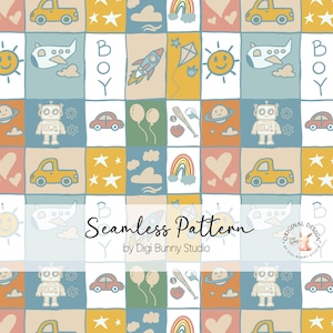 May include: A seamless pattern featuring a variety of colourful illustrations, including a rocket, aeroplane, car, robot, rainbow, stars, and the word "BOY".