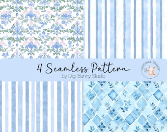 May include: Four seamless patterns in shades of blue and white. One pattern features floral designs, while others showcase stripes and diamond shapes with floral accents. The text "4 Seamless Pattern" is displayed.