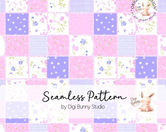 Könnte beinhalten: Ein nahtloses Muster mit einem Patchwork-Design aus rosa, weißen und violetten Quadraten. Jedes Quadrat hat ein anderes Blumenmuster. Das Muster ist von einem Rand aus weißen Sternen umgeben. Der Text "Seamless Pattern by Digi Bunny Studio" befindet sich am unteren Rand des Bildes. Ein Cartoon-Hase befindet sich in der unteren rechten Ecke.