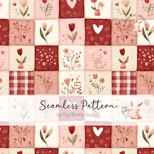 Może przedstawiać: Bezszwowy wzór z patchworkiem, przedstawiający kwadraty w różnych kolorach z kwiatowymi ilustracjami, sercami i wzorem w kratę. Tekst "Seamless Pattern" jest wyświetlany, z logo królika.