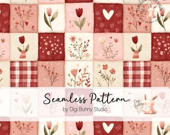 Floral Valentines Patchwork Seamless Pattern PNG | Red Pink Hearts Digital Paper | Cute Fabric Repeat Pattern PNG