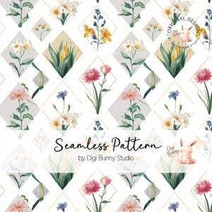 Frühlingsblumen in Diamanten Nahtloses Muster Blumenstrauß Stoffmuster Botanischer Garten Stil Trellis Sommer Florals Kachel Aquarell Png
