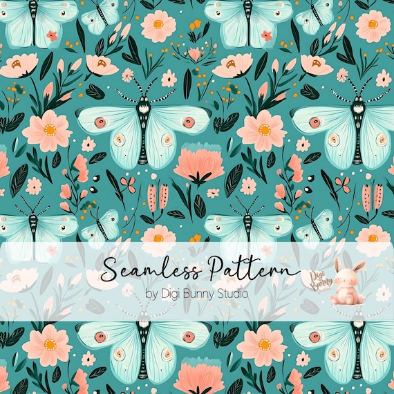 Moth Seamless Pattern, Boho Cottagecore Fabric, Spring Garden (Digital Paper)