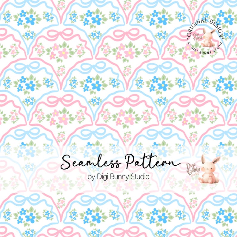 Coquette Scallops Seamless Pattern: Pastel Flowers, Bows (PNG) - Etsy