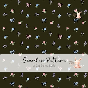 May include: Seamless pattern featuring a repeating design of small pink and blue roses, bows, and sprigs on a dark background. The text "Seamless Pattern" is displayed with the words "by Digi Bunny Studio". A cartoon bunny is also shown.
