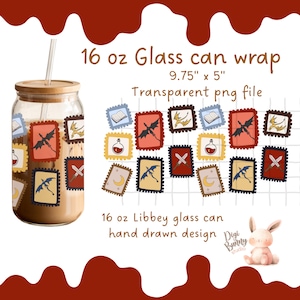 Books and Dragons Stamps 16oz Glass Can Wrap PNG | Bookish Libbey Glass Wrap | Transparent Tumbler Design for Fantasy Book Lovers Bookworms