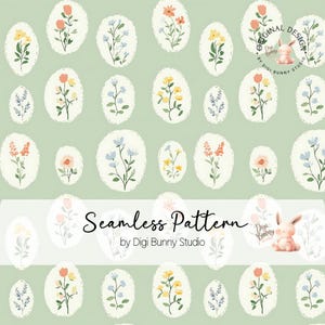 May include: A seamless pattern featuring a variety of floral designs in pastel colors, including pink, yellow, blue, and green. The flowers are arranged in oval shapes with a white outline. The pattern is set against a light green background. The text "Seamless Pattern by Digi Bunny Studio" is displayed at the bottom of the image.