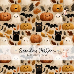Può includere: Un motivo di Halloween senza cuciture con zucche, fantasmi, gatti neri, pipistrelli e foglie autunnali nei toni dell'arancione, del marrone e del bianco. Il testo "Seamless Pattern" è visualizzato in basso.