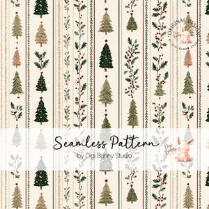 Può includere: Motivo senza cuciture con alberi di Natale, agrifoglio e strisce decorative nei toni del verde, marrone e rosso su sfondo crema. Il testo "Seamless Pattern" e "by Digi Bunny Studio" sono visibili.