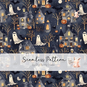 Haunted Houses Seamless Pattern Ghosts Bats Pumpkins Halloween Town Autumn Fall Retro Vintage Fabric Pattern Spooky Png