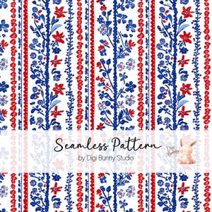 Rayures florales bleu blanc rouge 4 juillet Modèle sans couture USA 4 juillet motif répétitif Design patriotique Motif de surface liberté USA