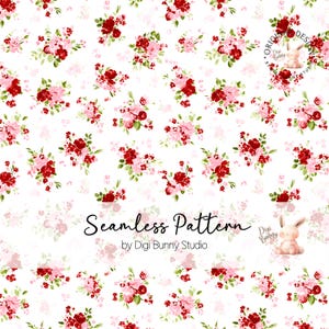May include: Seamless floral pattern featuring clusters of red and pink roses with green leaves on a white background. The text "Seamless Pattern" is displayed in a script font. The design is by Digi Bunny Studio.