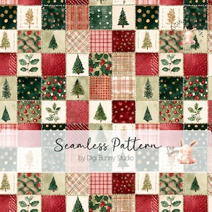 Op de afbeelding: Een naadloos kerstthema-patroon met een patchwork-ontwerp. Het patroon bevat vierkanten met kerstbomen, hulst, bessen en gouden bladaccenten in rood, groen en beige. De tekst "Seamless Pattern" wordt weergegeven, met een Digi Bunny Studio-logo.