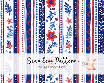 Modèle sans couture du 4 juillet | Rayures florales, motif patriotique américain (PNG)