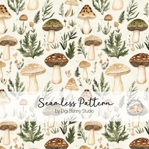 Cottagecore Naadloos patroon paddestoelen en mos Lentepatroon Boho Woodland Retro Vintage paddestoelen en varens Stoffenpatroon Digitaal papier