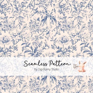 Patrón de coqueta de toile floral azul vintage sin costuras, patrón de tela con lazo chinoiserie, patrón de repetición de flores de peonías femeninas retro, Shabby Chic png