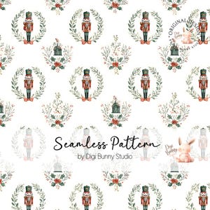 Op de afbeelding: Naadloos patroon met aquarel illustraties van notenkrakers, kransen en decoratieve elementen in rood, groen en bruin. Het ontwerp bevat de tekst "Seamless Pattern" en het Digi Bunny Studio logo op een witte achtergrond.