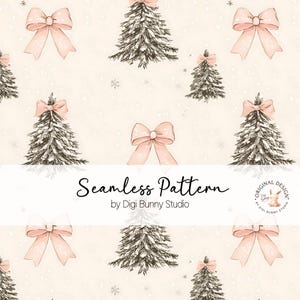May include: A seamless pattern featuring a repeating design of snow-covered pine trees with pink bows on top. The background is a light beige with a subtle snow-like texture. The text "Seamless Pattern by Digi Bunny Studio" appears at the bottom of the image.