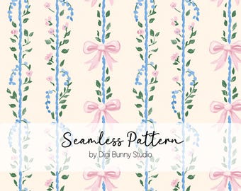Floral Bow Coquette Seamless Pattern: Pink & Blue (PNG)