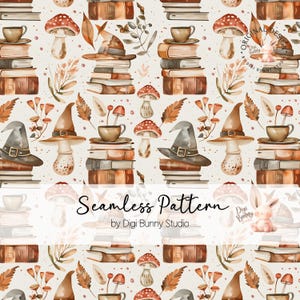 May include: A seamless pattern featuring stacks of books, mushrooms, witch hats, and teacups in shades of brown, orange, and beige. The text "Seamless Pattern" is displayed in the center, with "by Digi Bunny Studio" below.