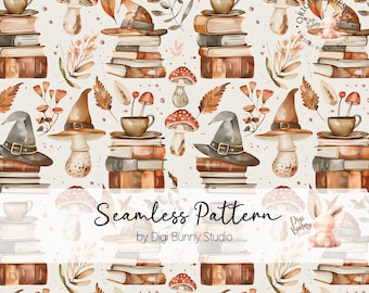 Bookish Seamless Pattern: Floral Bookshelf Cottagecore Digital Paper (PNG Download)