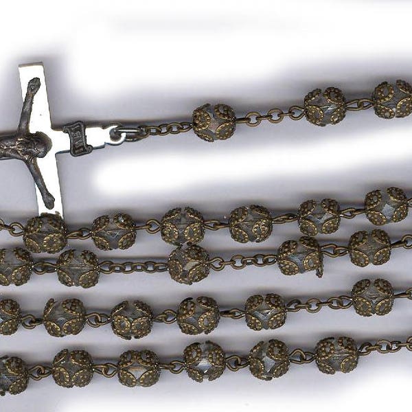 vintage rosary beads chain ENGLISH CUT glass with BRASS bead caps lovely strong rosary open work brass beadcaps long rosary beads