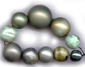 metallic green glass 60g old pearls on wire Vintage glass seeds beads.