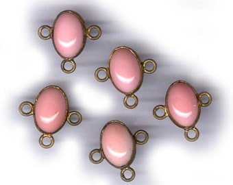 FIVE antique czech glass CONNECTORS pink glass and brass vintage oval shapes bridal finding focal antique pendants or connectors