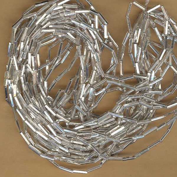 vintage silver glass foil lined beads, bugle beads mercury glass hollow tube shape antique bugle beads embellishment sew on