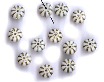 10 vintage EGYPTIAN REVIVAL white glass melon shaped beads NEIGER glass beads ten 8mm x 5mm old beauties