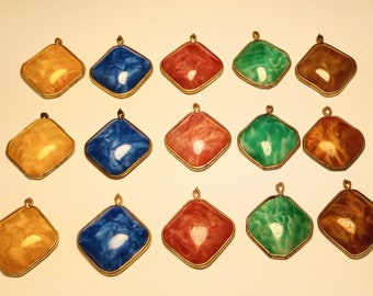 FIVE vintage CHUNKY Czech Glass drops pendants PRIMITIVE channel set loop on top in brass classic five colors